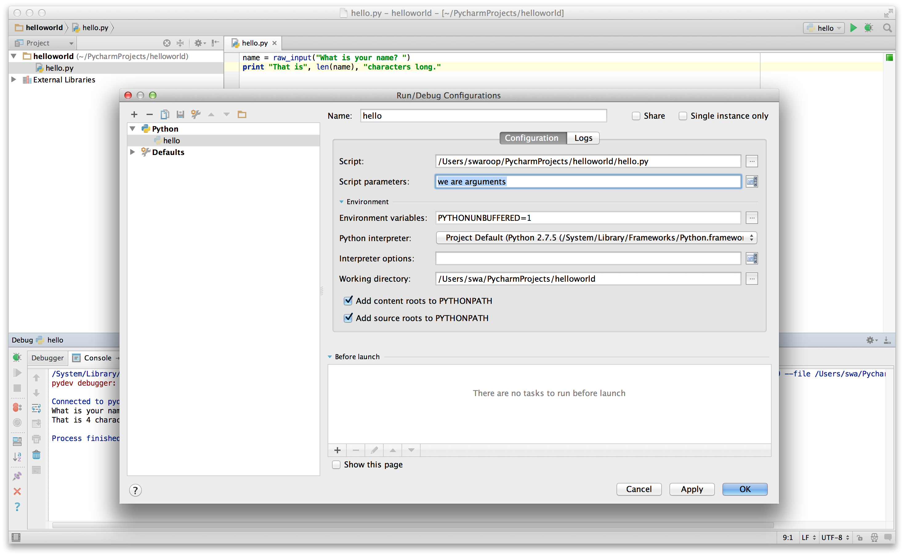 Arguments en ligne de commande PyCharm